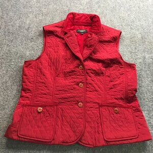 Talbots Vest Womens L Petite‎ Quilted Red Corduroy Collar Button Close Classic